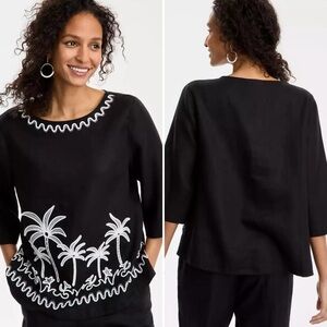 🌴 Charter Club Linen Embroidered Palm Tree Tunic Top – Black & White – Size L
